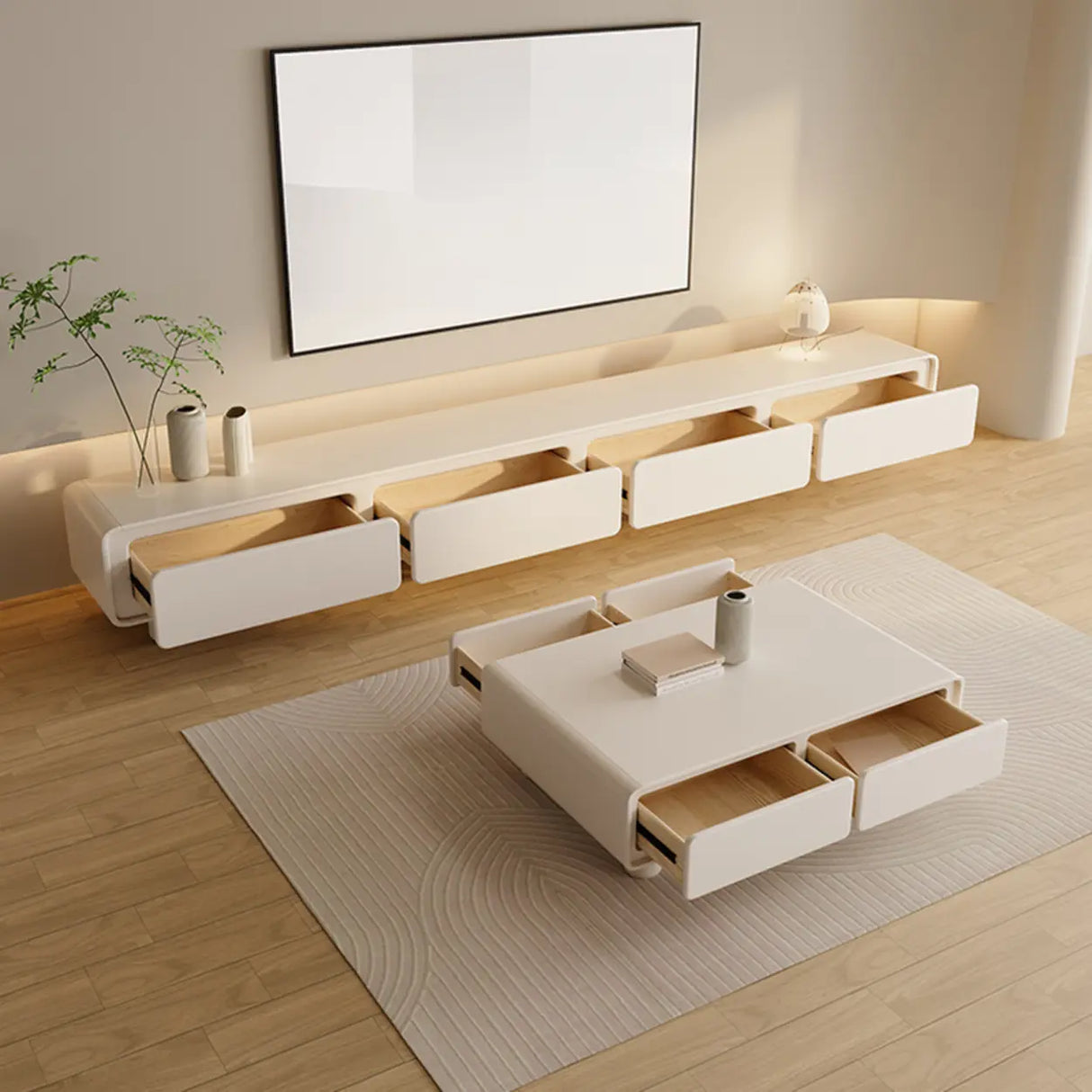 Modish White Wooden Rectangular Drawers TV Stand Image - 4