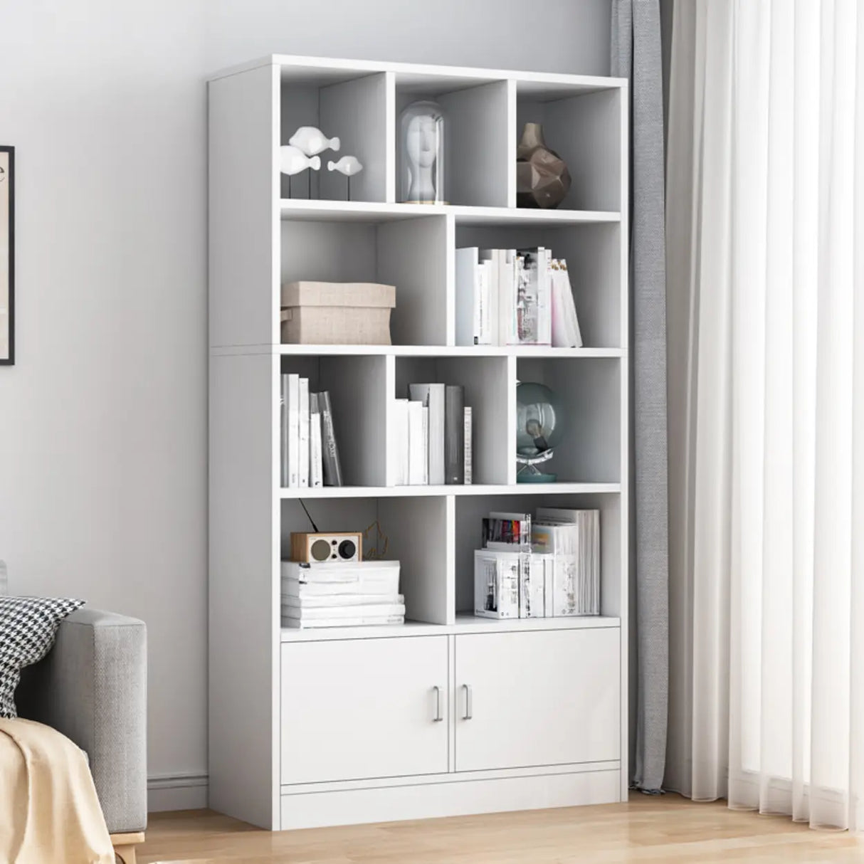 Modish Wood Rectangular Closed Display Bookcase White Image - 15