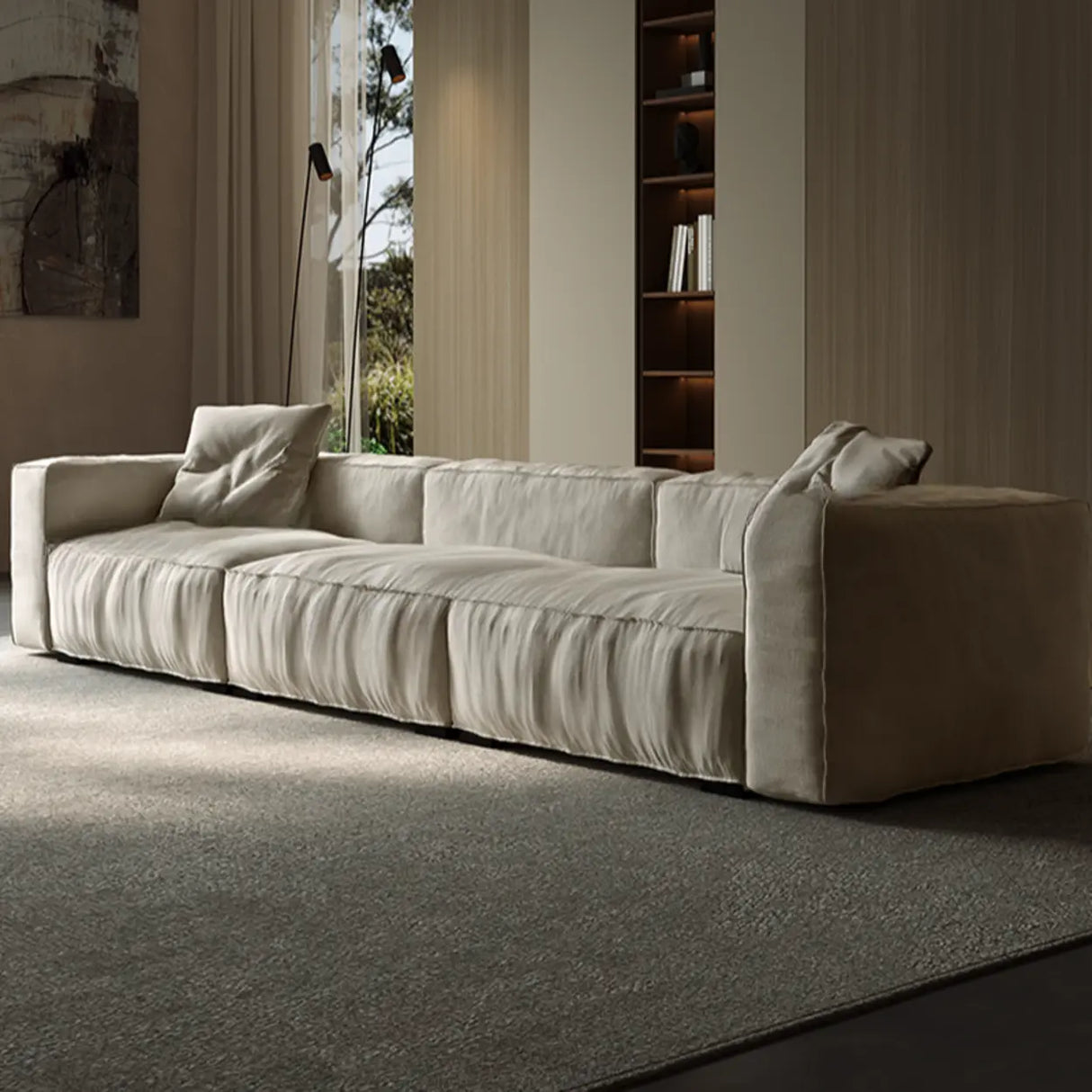 Modular Cushion Back L-Shape Cotton Beige Large Comfort Sofa Image - 4