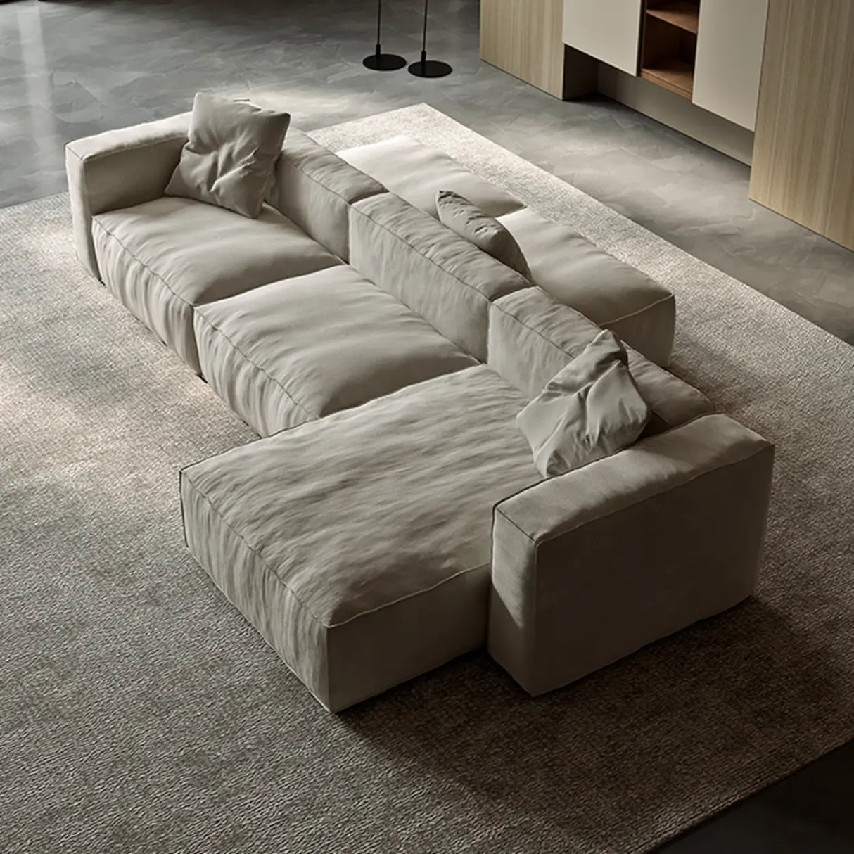 Modular Cushion Back L-Shape Cotton Beige Large Comfort Sofa Image - 6