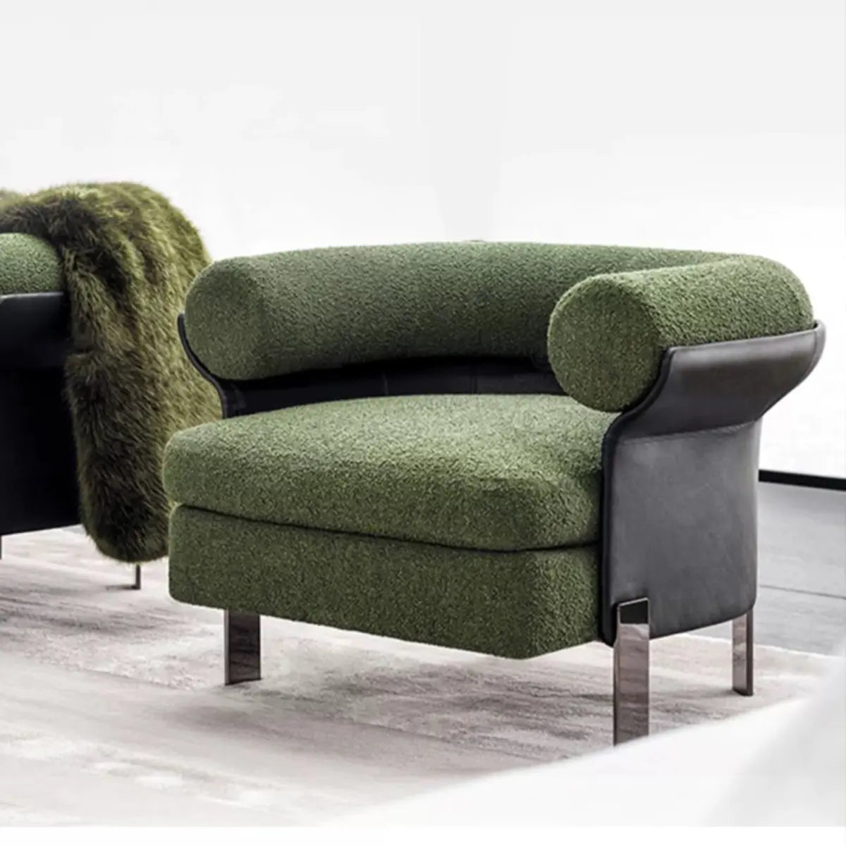 Mohair Round Arm Cushion Back Four Legs Barrel Chair Image - 3
