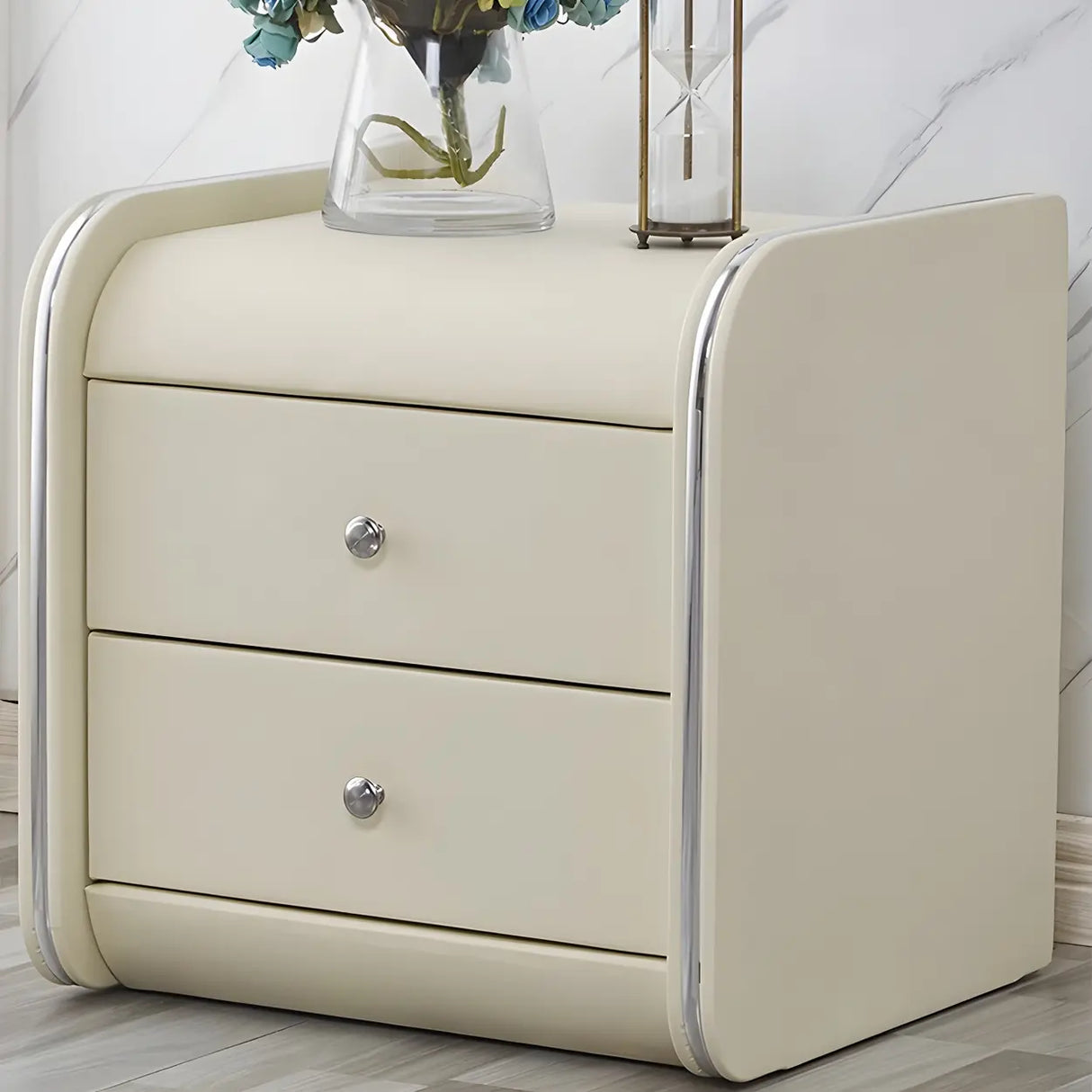 Morandi-Themed Faux Leather Nightstand with Two Drawers Image - 1
