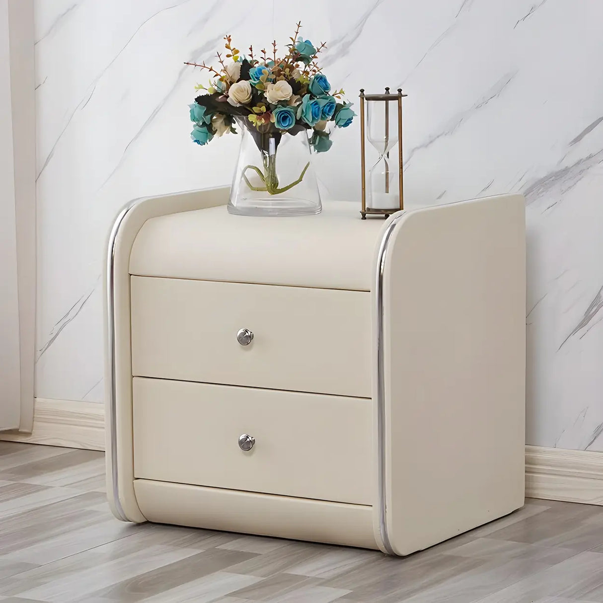 Morandi-Themed Faux Leather Nightstand with Two Drawers Image - 13