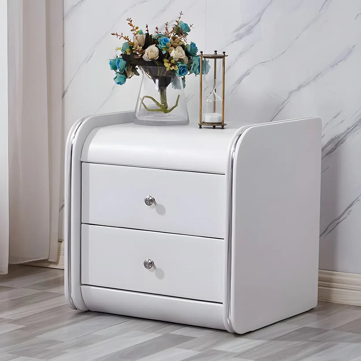 Morandi-Themed Faux Leather Nightstand with Two Drawers Image - 3