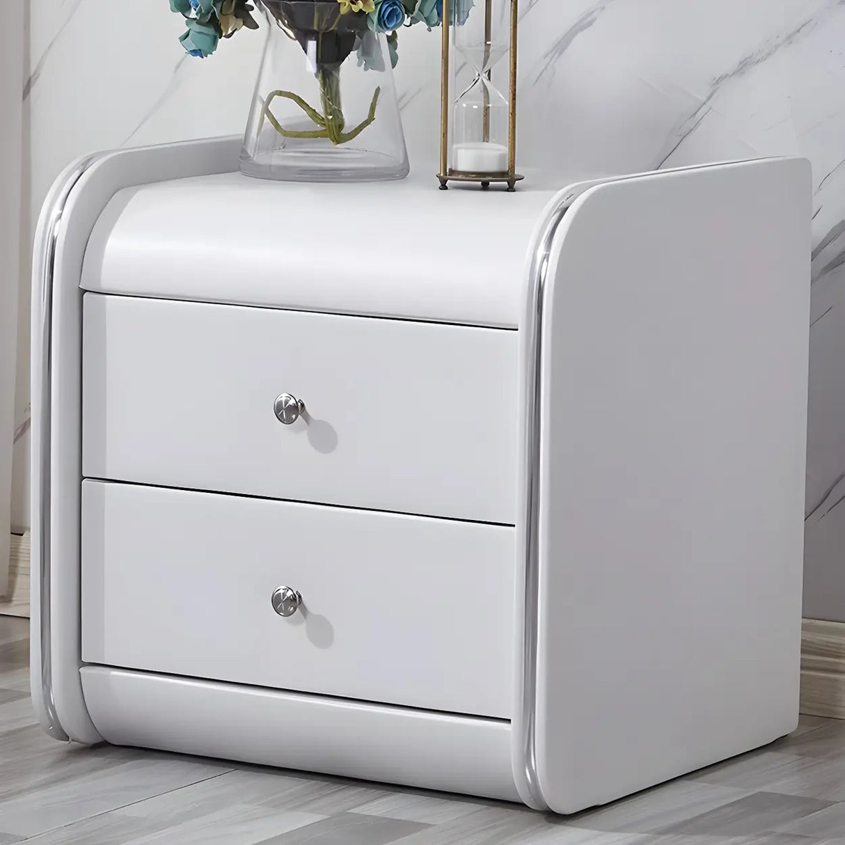 Morandi-Themed Faux Leather Nightstand with Two Drawers Image - 4