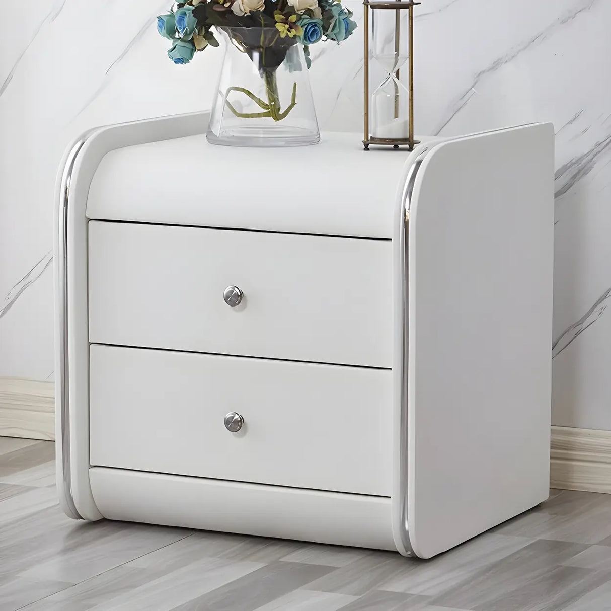 Morandi-Themed Faux Leather Nightstand with Two Drawers Image - 16