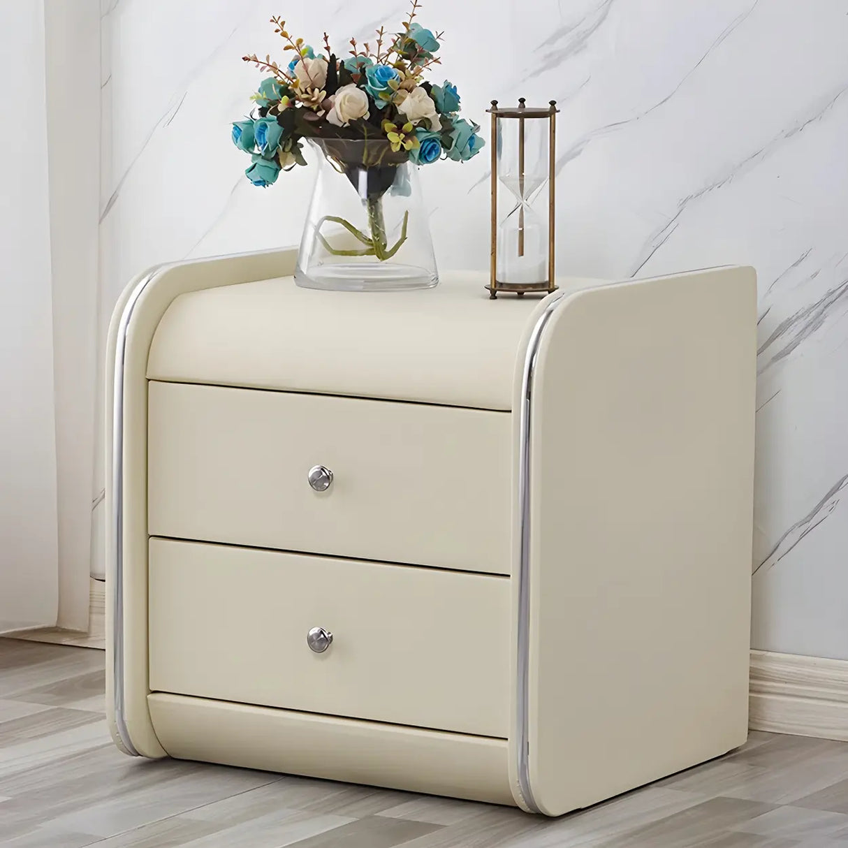 Morandi-Themed Faux Leather Nightstand with Two Drawers Image - 5