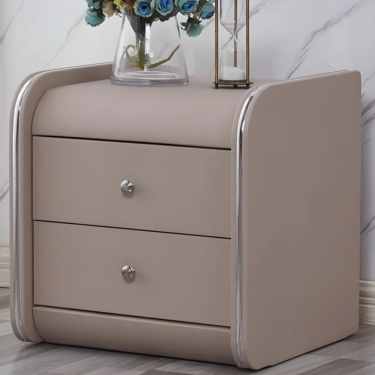 Morandi-Themed Faux Leather Nightstand with Two Drawers Image - 6