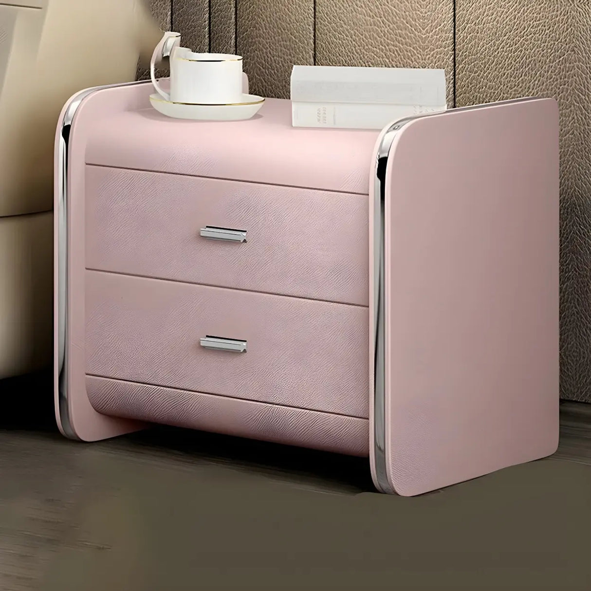 Morandi-Themed Faux Leather Nightstand with Two Drawers Image - 7