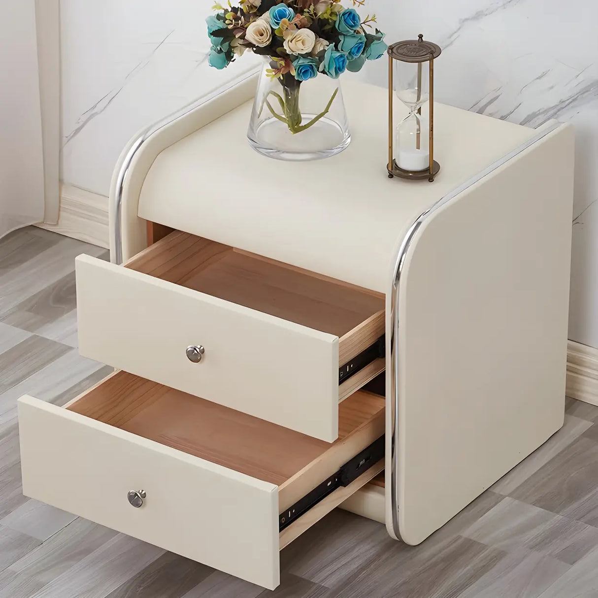 Morandi-Themed Faux Leather Nightstand with Two Drawers Image - 8