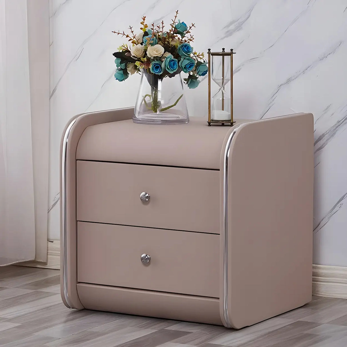 Morandi-Themed Faux Leather Nightstand with Two Drawers Image - 9