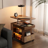 Multi-Function Wood Swivel Side Table with Storage and Wheels Image - 1