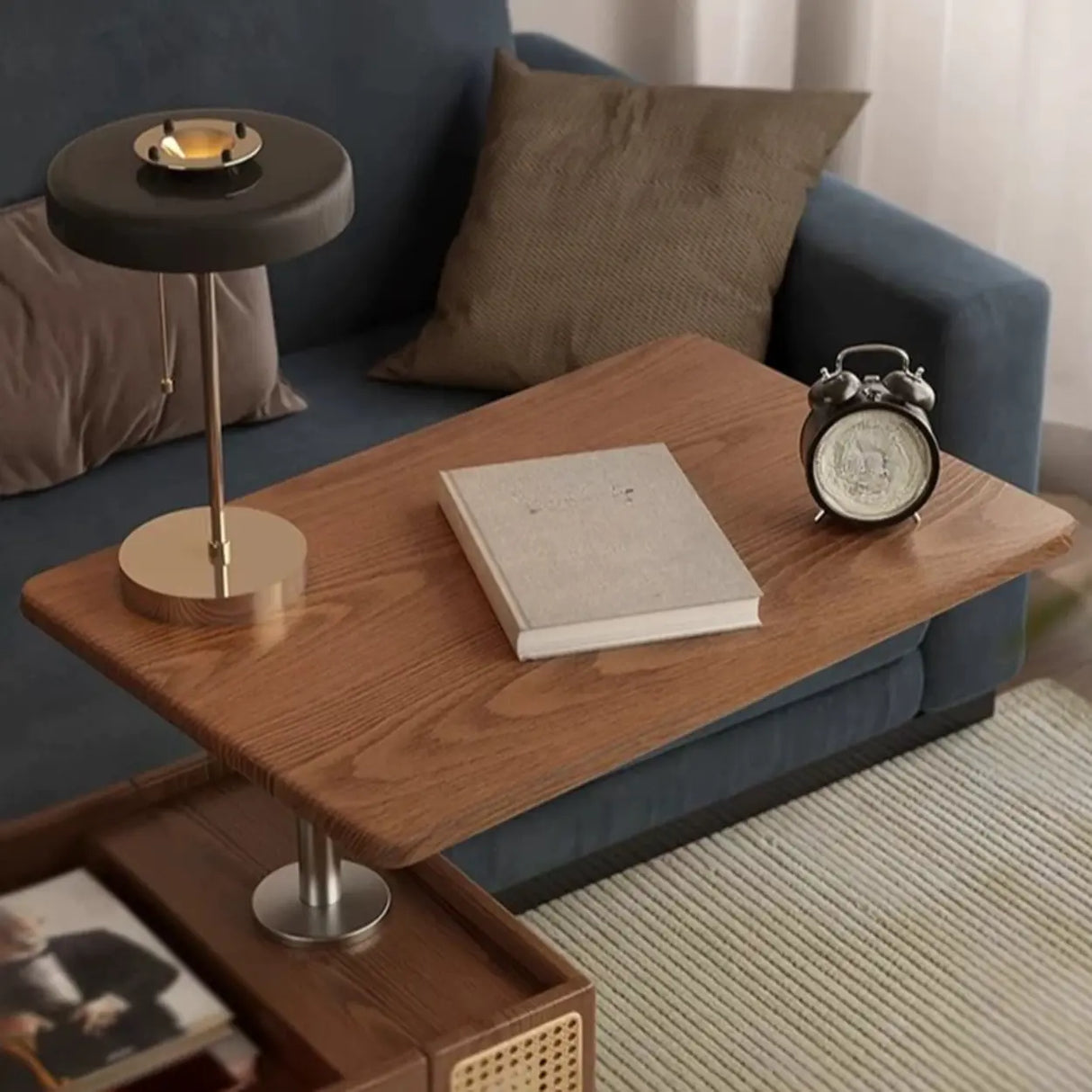 Multi-Function Wood Swivel Side Table with Storage and Wheels Image - 10