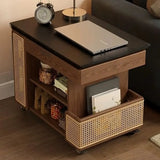 Multi-Function Wood Swivel Side Table with Storage and Wheels Image - 3