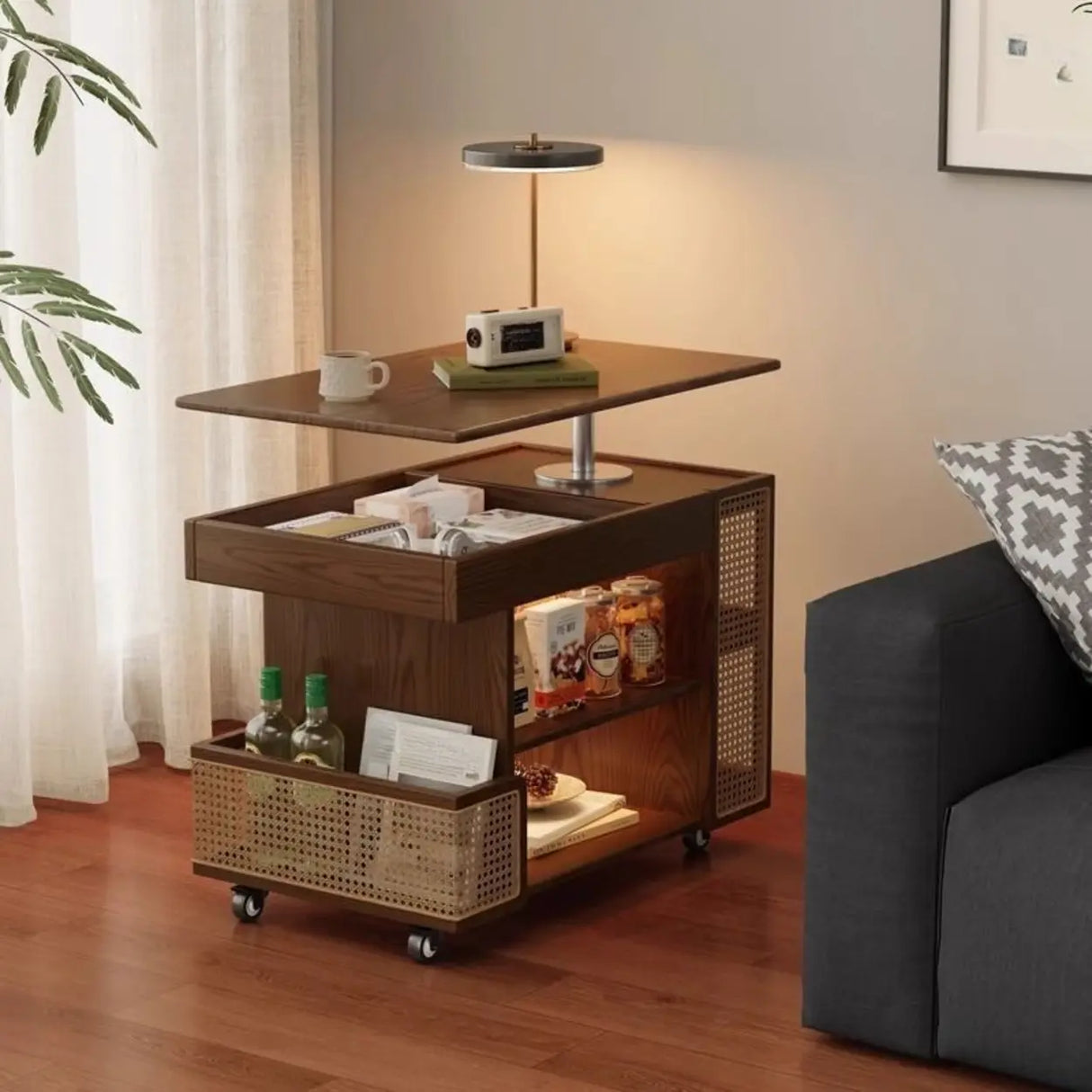 Multi-Function Wood Swivel Side Table with Storage and Wheels Image - 4