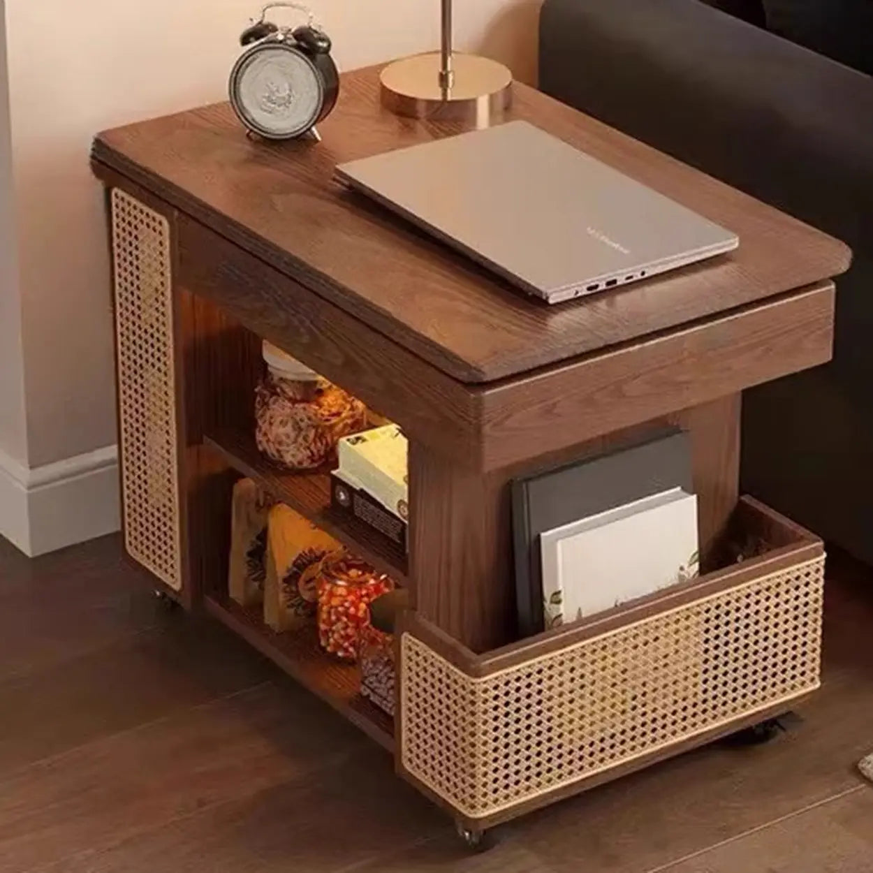 Multi-Function Wood Swivel Side Table with Storage and Wheels Image - 5