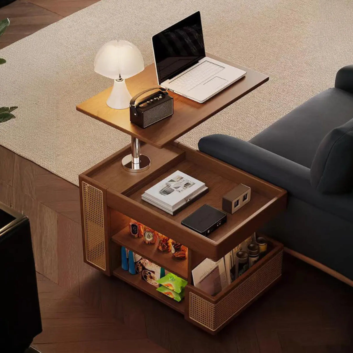 Multi-Function Wood Swivel Side Table with Storage and Wheels Image - 6