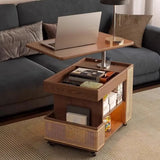 Multi-Function Wood Swivel Side Table with Storage and Wheels Image - 7
