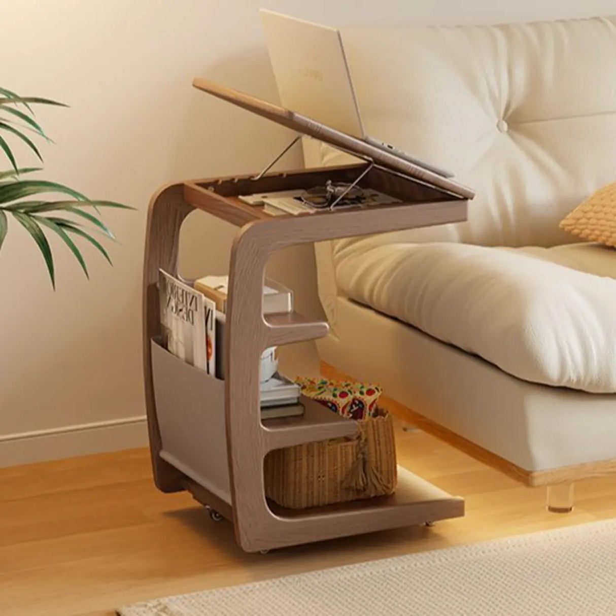 Multi-Tier Brown Wooden Side Table with Storage and Wheels Image - 2