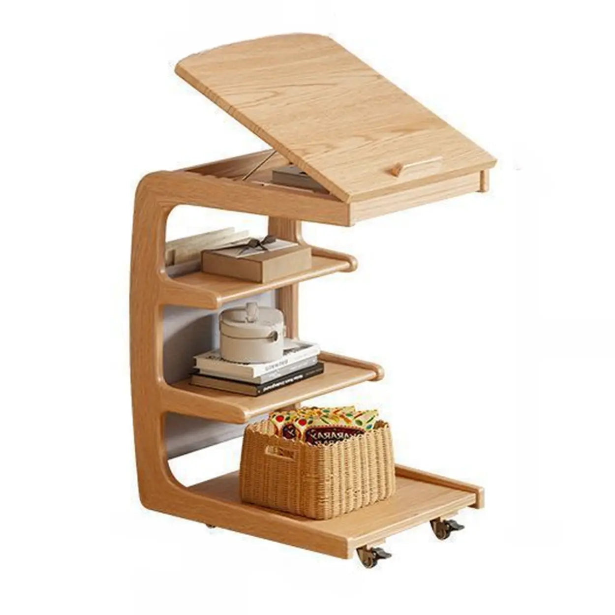 Multi-Tier Brown Wooden Side Table with Storage and Wheels Image - 5