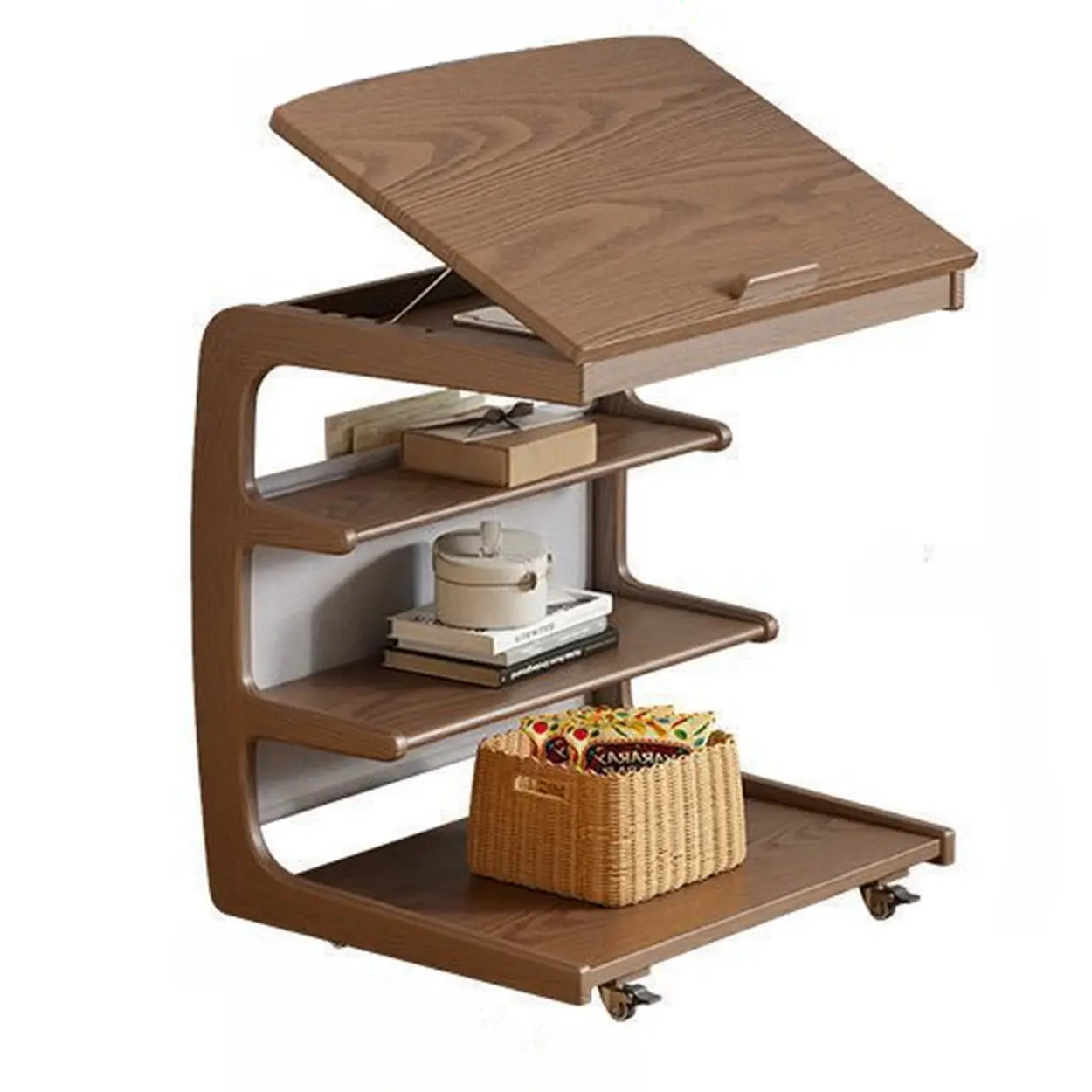 Multi-Tier Brown Wooden Side Table with Storage and Wheels Image - 7
