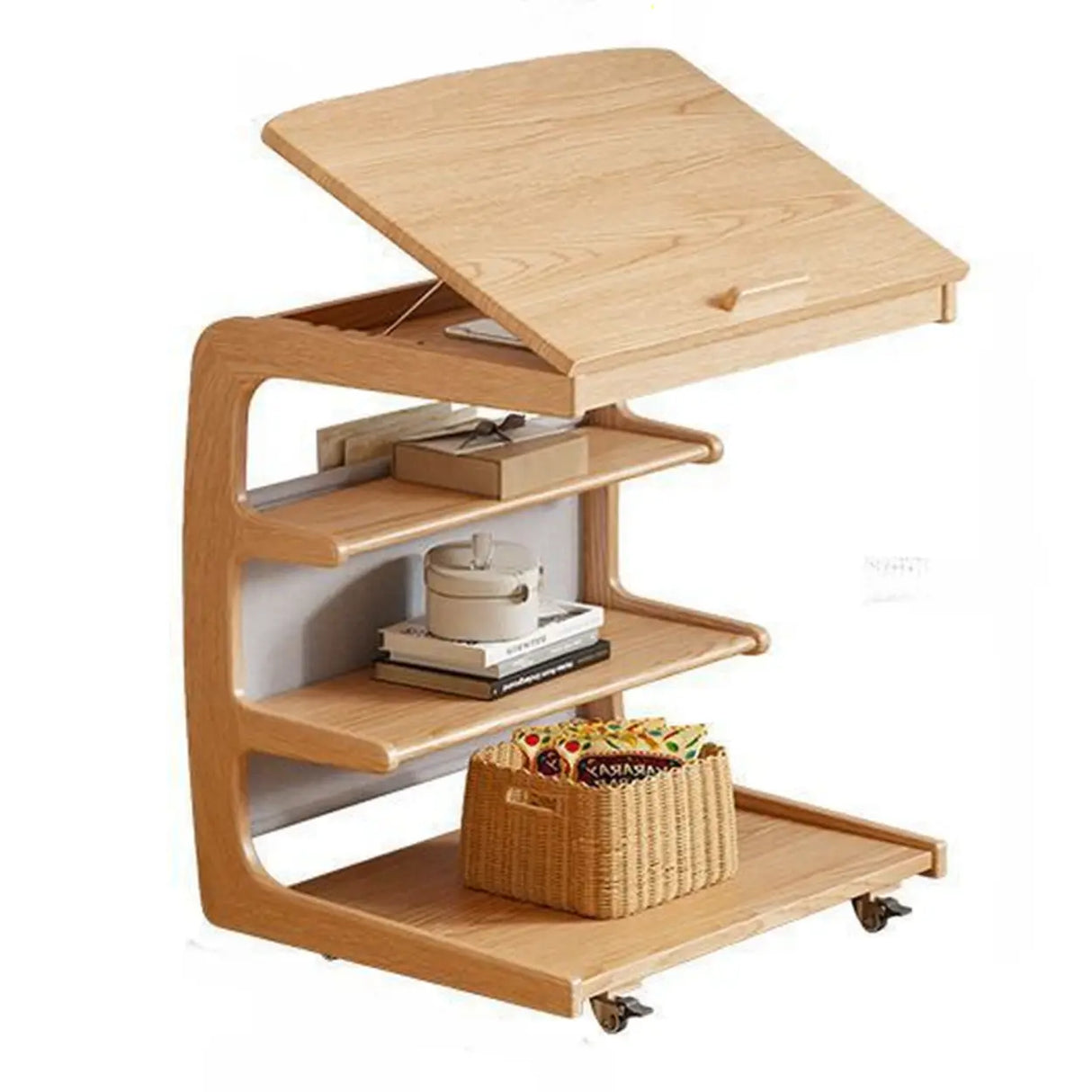 Multi-Tier Brown Wooden Side Table with Storage and Wheels Image - 8