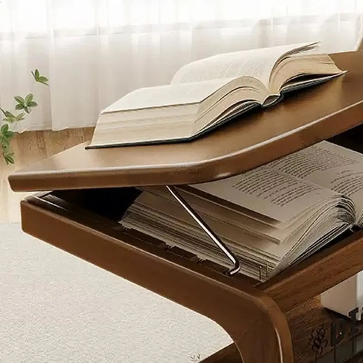 Multi-Tier Brown Wooden Side Table with Storage and Wheels Image - 9