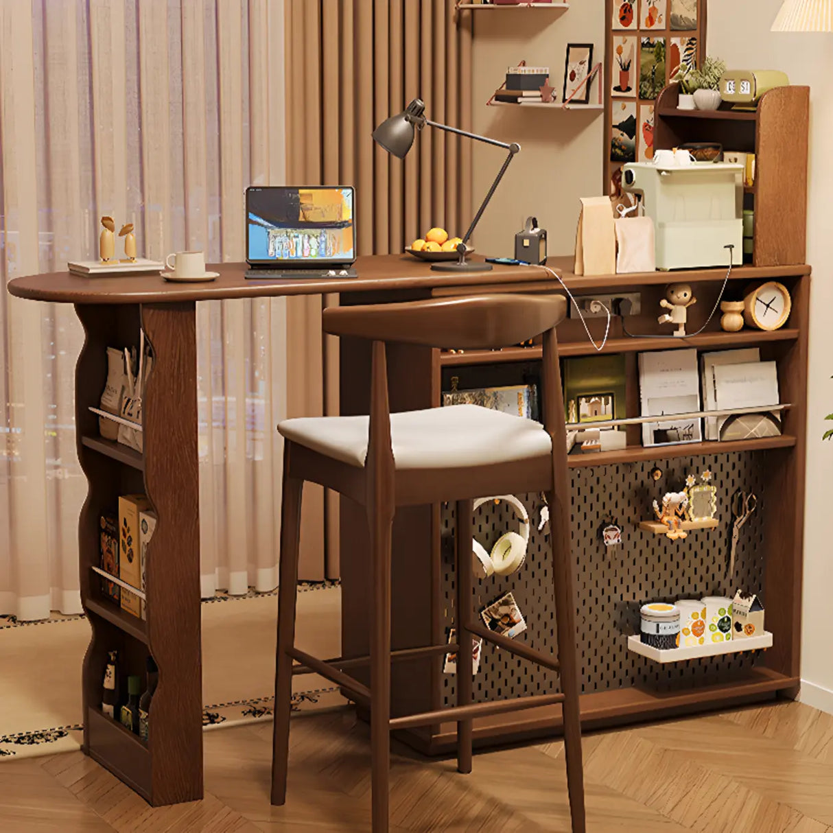Multifunctional Extendable Wood Bar Table with Storage Shelves Image - 1