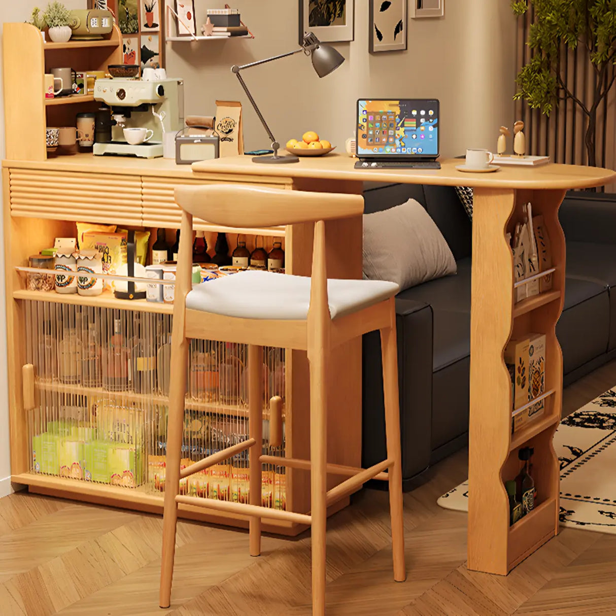 Multifunctional Extendable Wood Bar Table with Storage Shelves Image - 2
