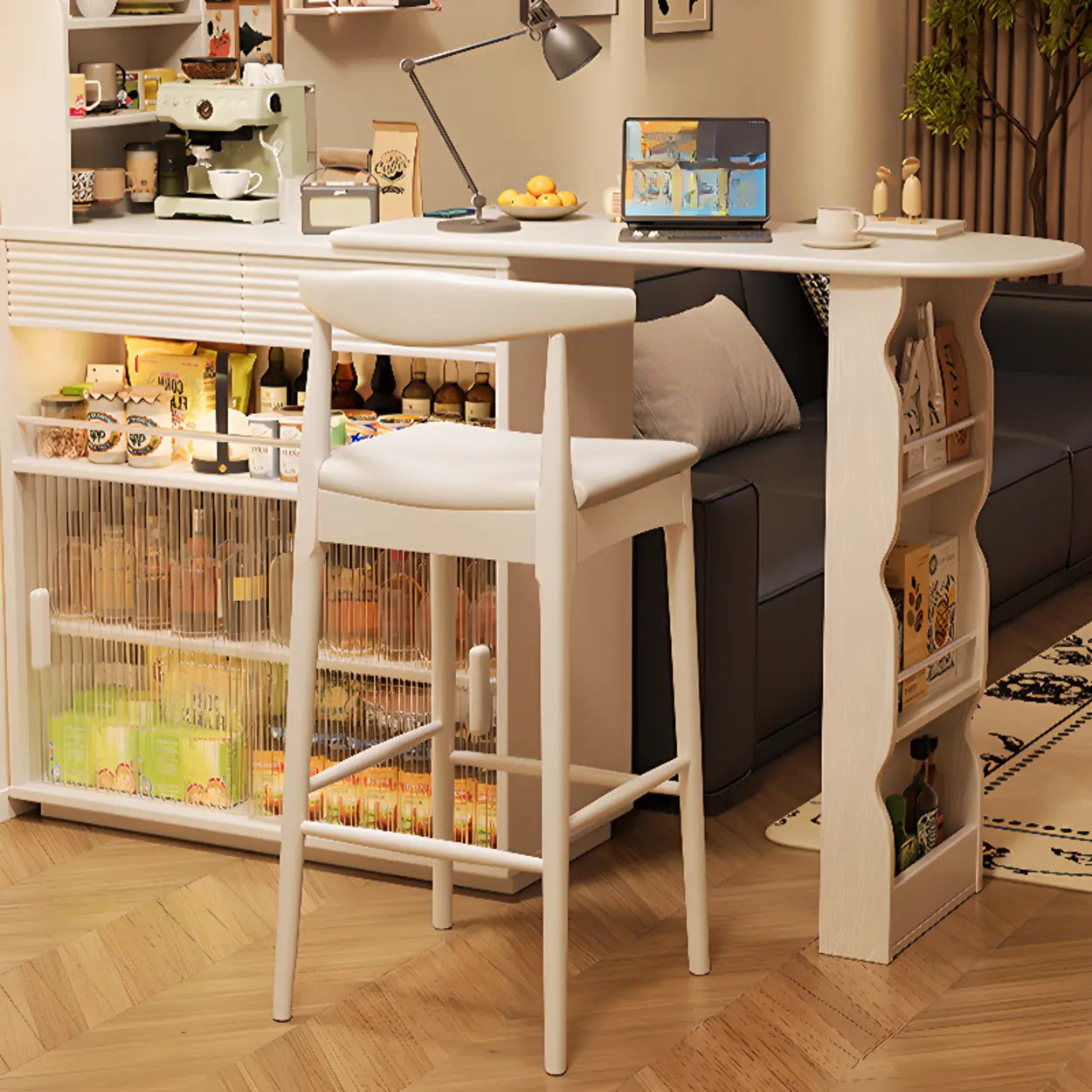 Multifunctional Extendable Wood Bar Table with Storage Shelves Image - 3