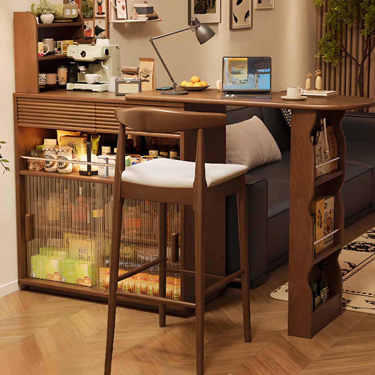 Multifunctional Extendable Wood Bar Table with Storage Shelves Image - 5