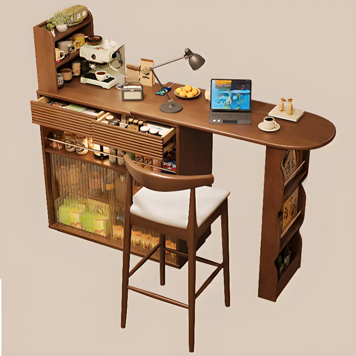 Multifunctional Extendable Wood Bar Table with Storage Shelves Image - 7