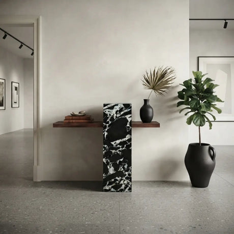 Narrow Console Table with Composite Wood Top and Sintered Stone Pedestal Image - 1