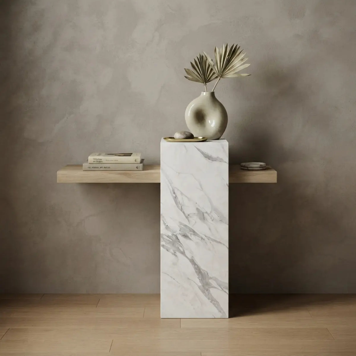 Narrow Console Table with Composite Wood Top and Sintered Stone Pedestal Image - 3