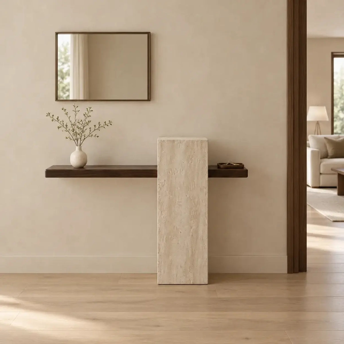 Narrow Console Table with Composite Wood Top and Sintered Stone Pedestal Image - 4