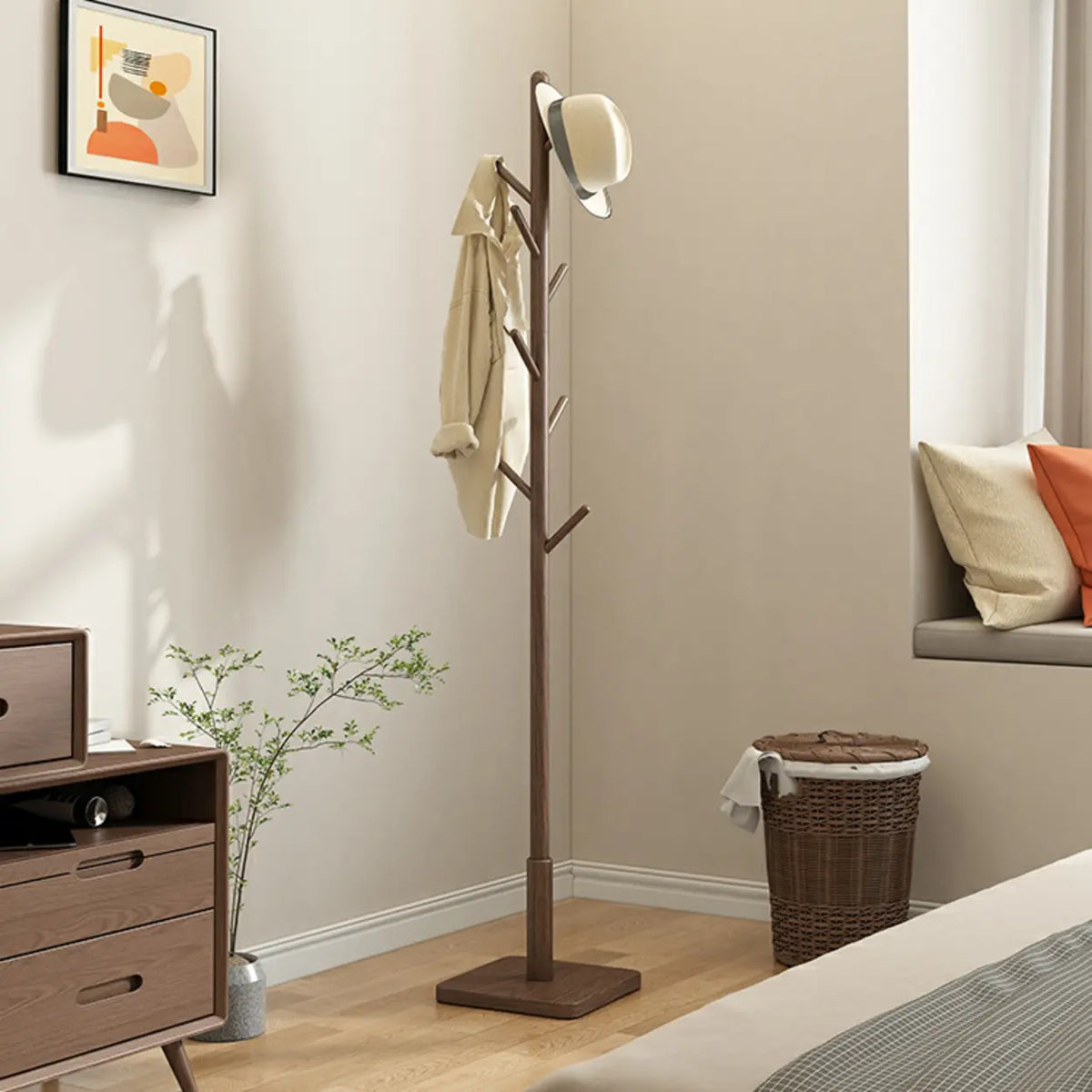 Saute Tree Rack Narrow Walnut Wood Tree Coat Rack with Hooks and Storage – Homebaa