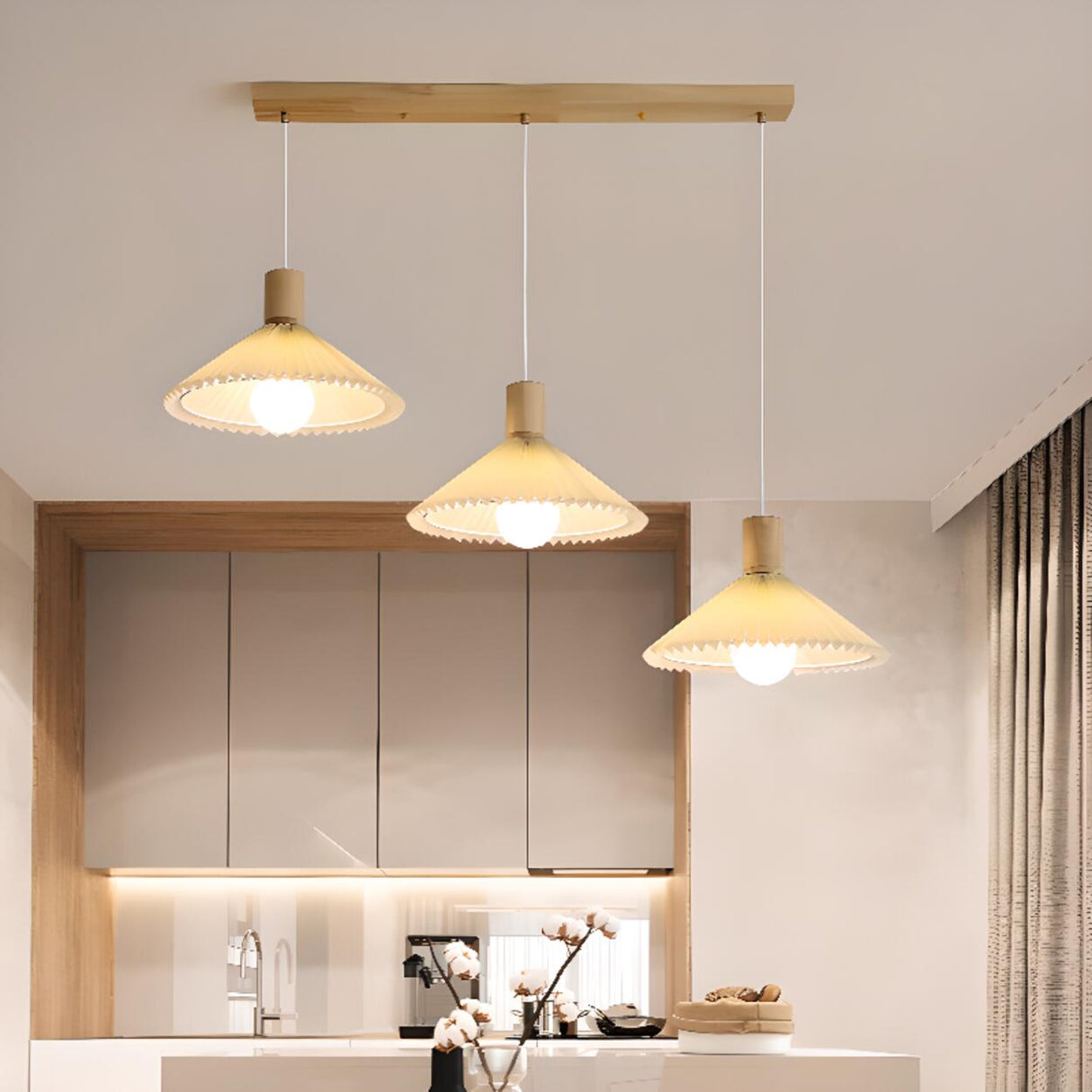 Natural 3-Light Pleated Wood Cone Island Hanging Light Image - 3