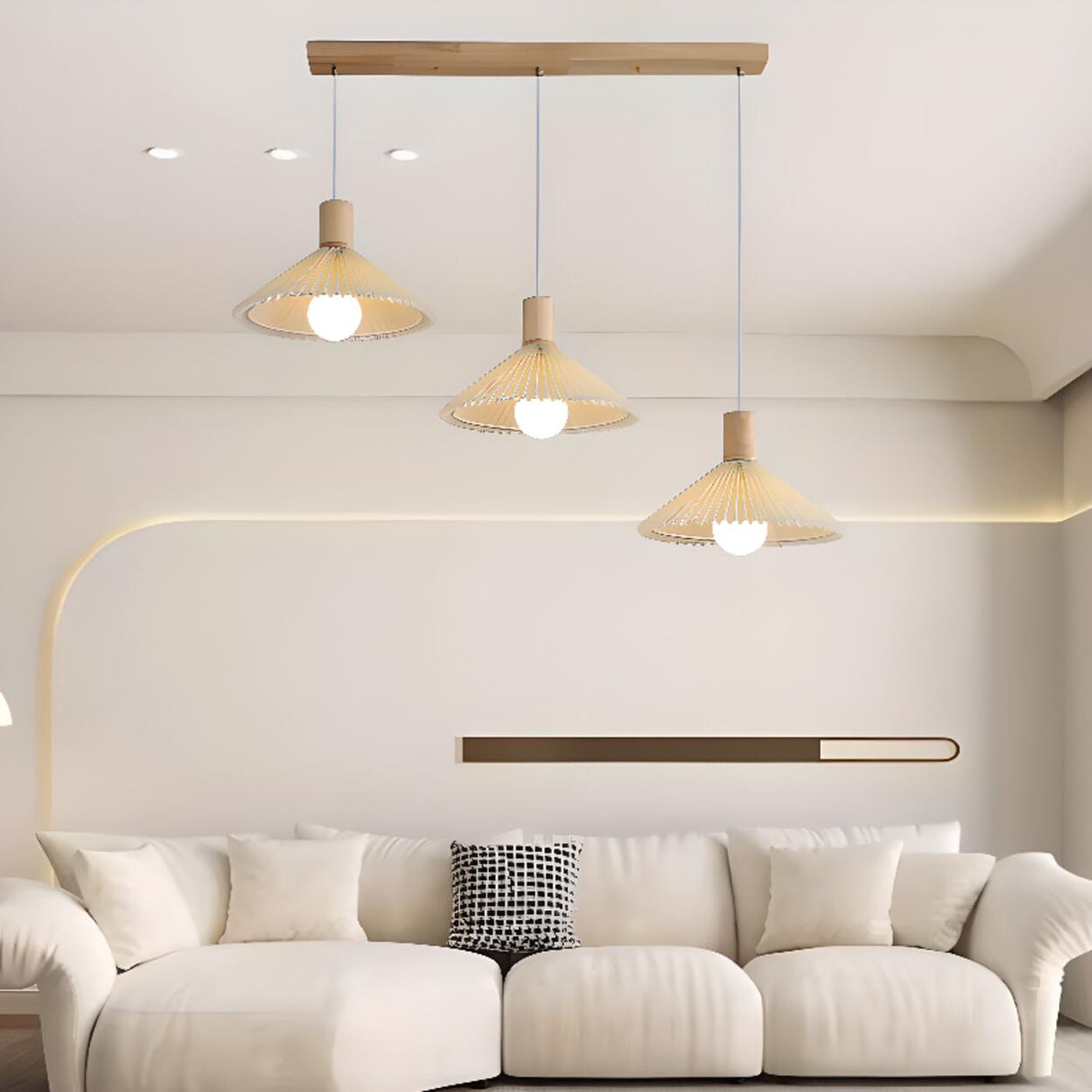 Natural 3-Light Pleated Wood Cone Island Hanging Light Image - 4