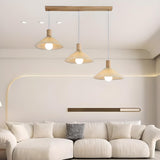 Natural 3-Light Pleated Wood Cone Island Hanging Light Image - 4