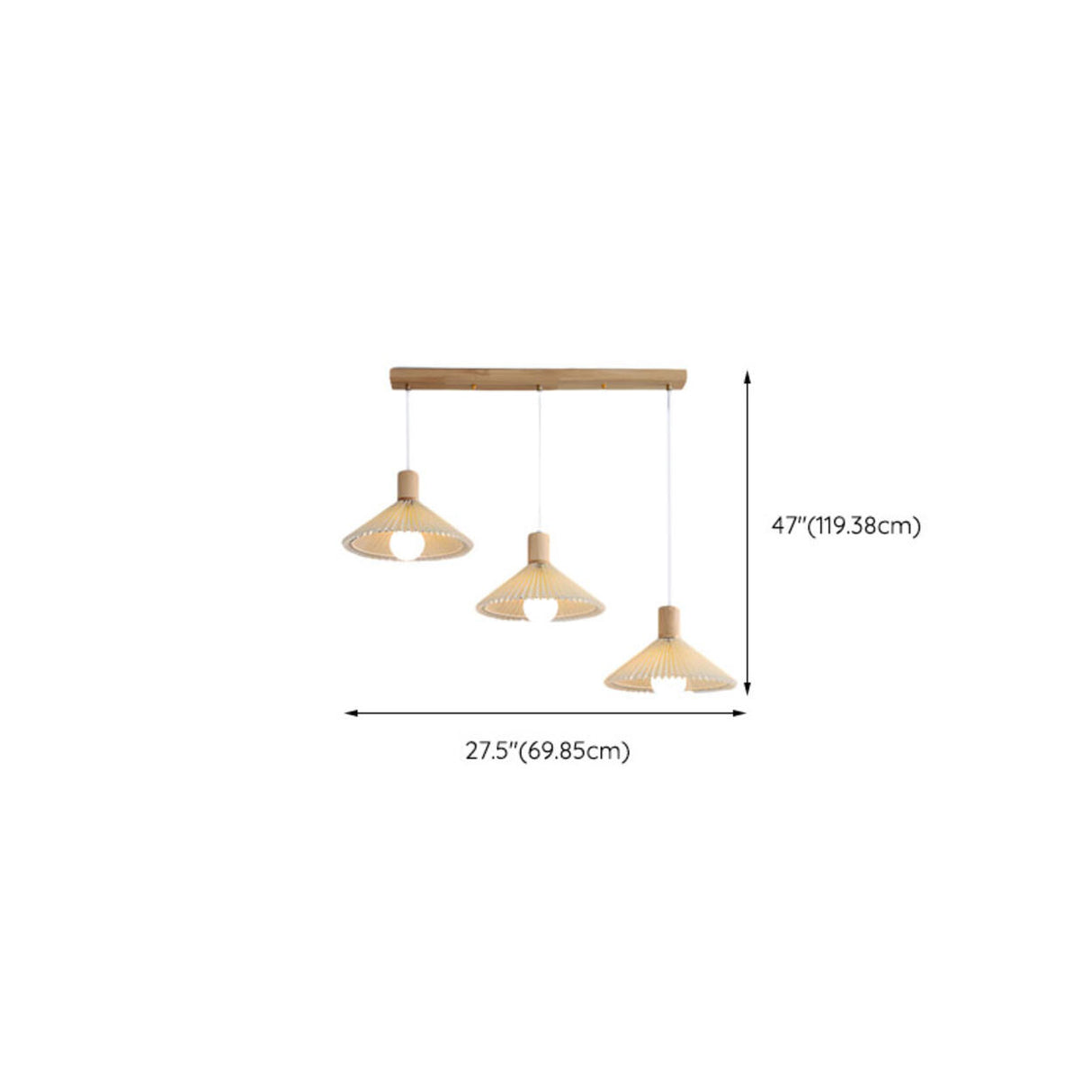 Natural 3-Light Pleated Wood Cone Island Hanging Light 