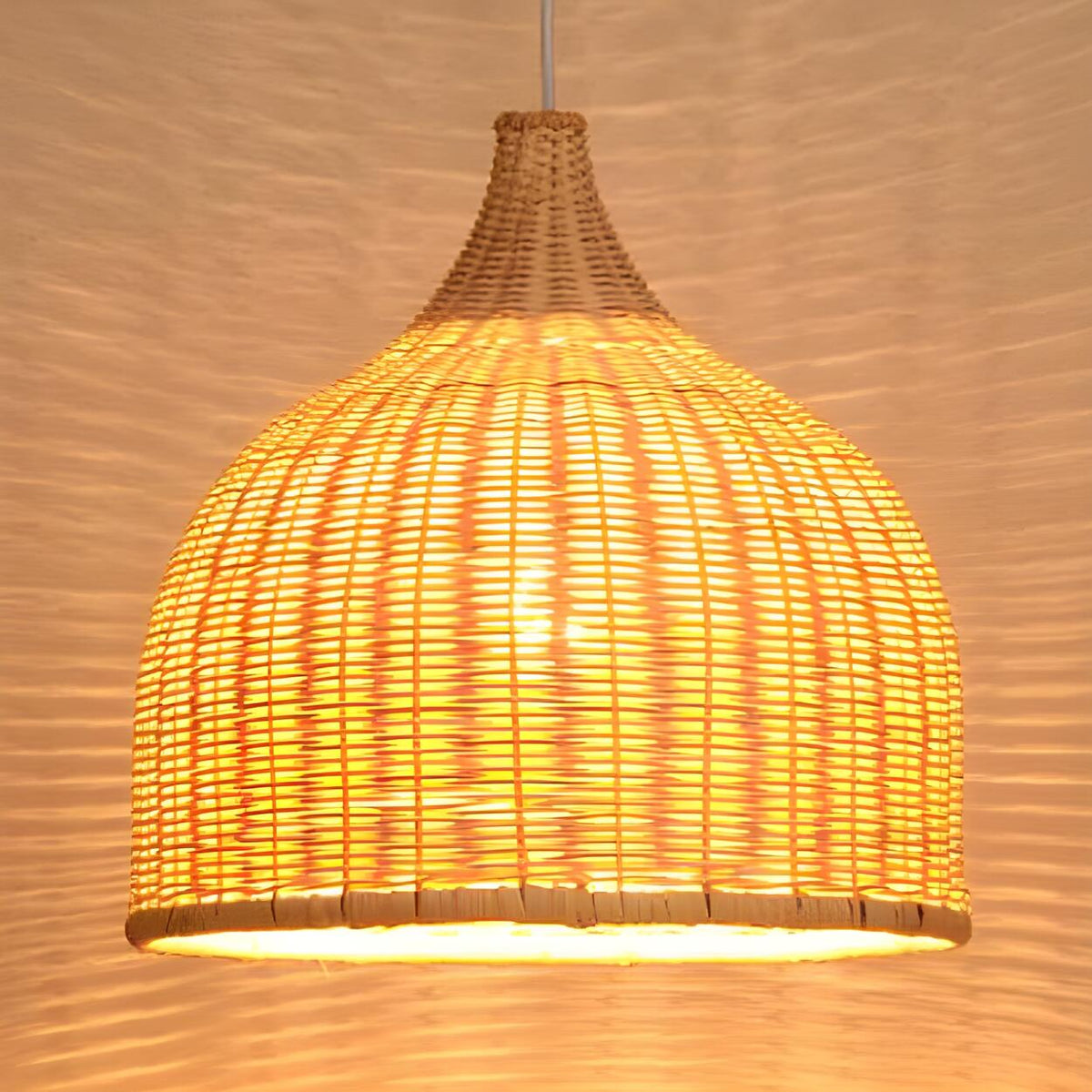 Natural woven rattan dome pendant light for a warm casual dining room