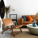 Natural-Brown Saddle Leather Woven Back Side Chair Image - 4