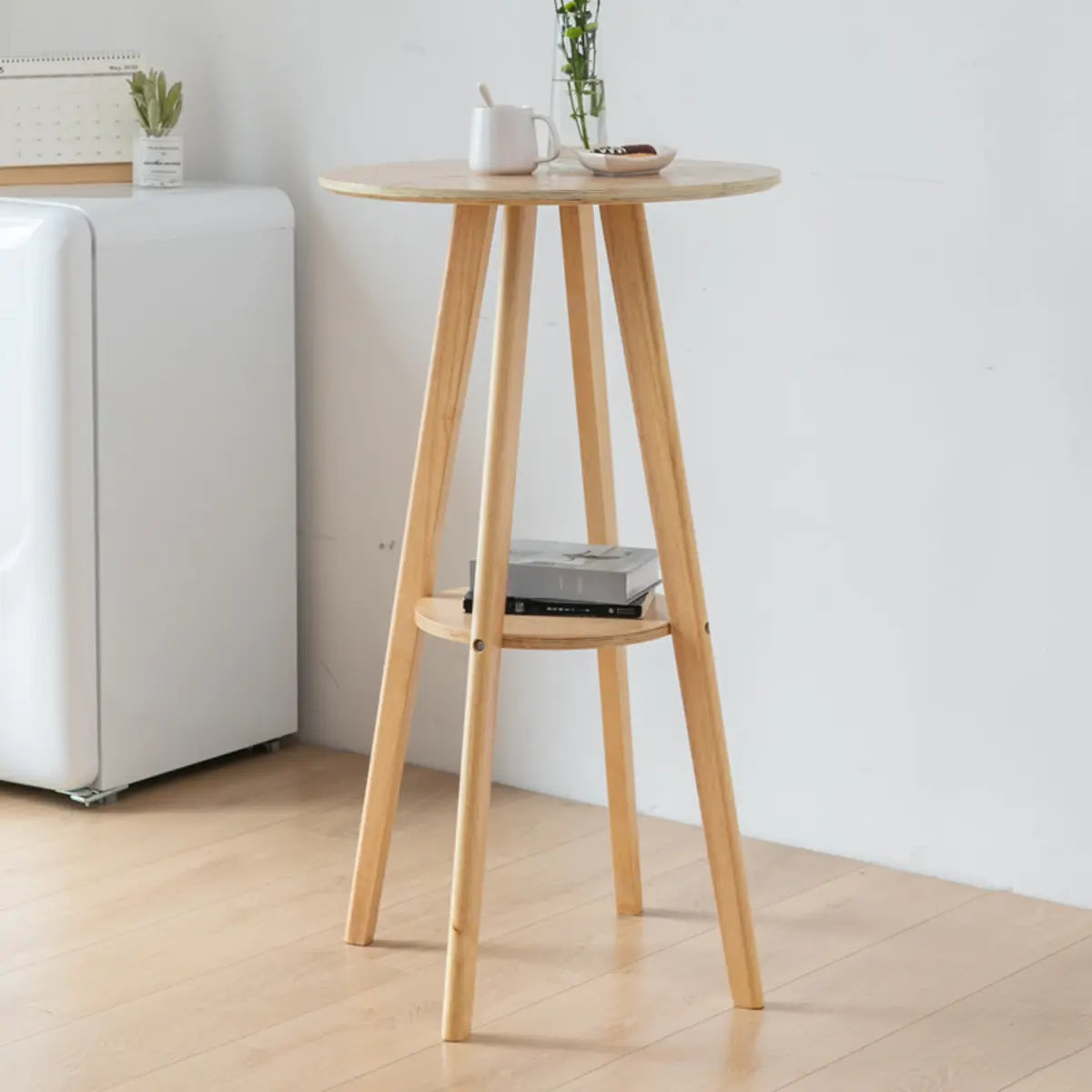 Natural Circular Wooden Bistro Bar Table with Shelf Storage Image - 5