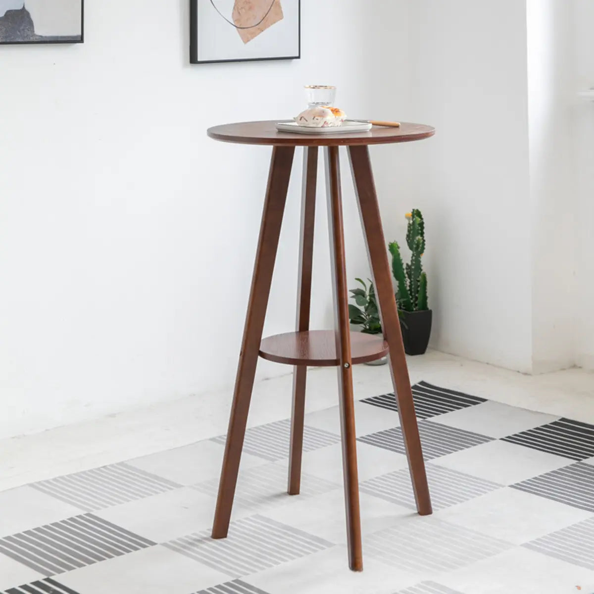 Natural Circular Wooden Bistro Bar Table with Shelf Storage Image - 6