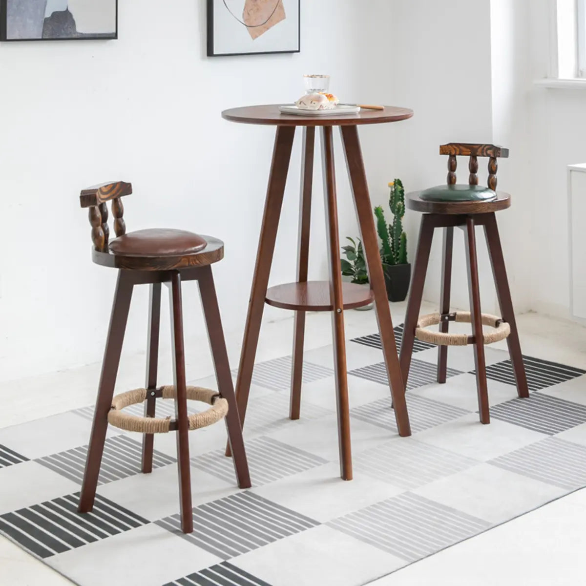 Natural Circular Wooden Bistro Bar Table with Shelf Storage Image - 7