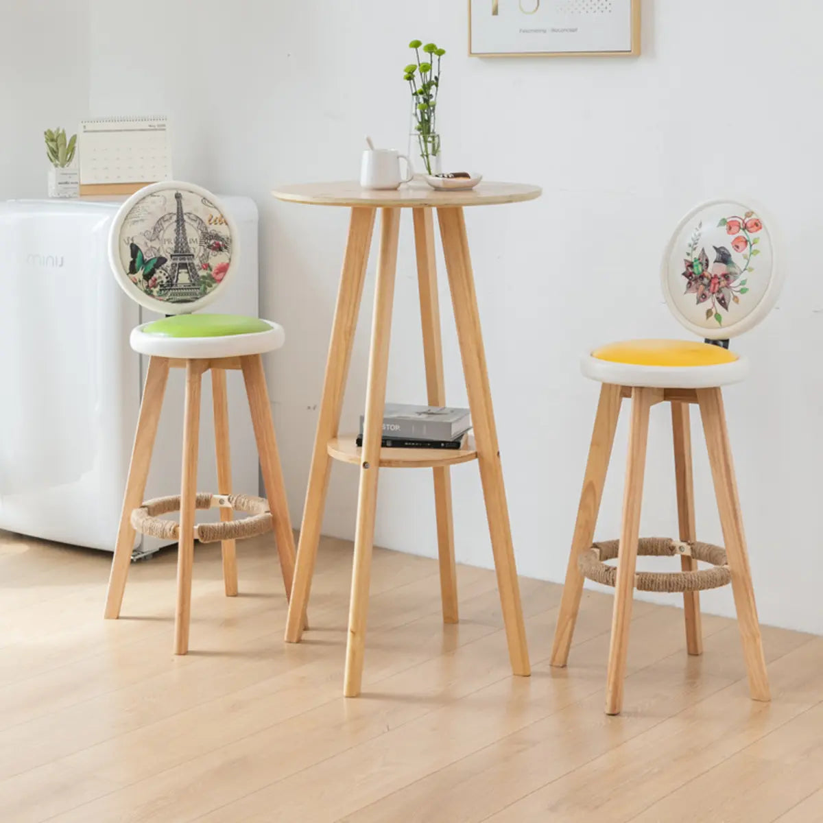 Natural Circular Wooden Bistro Bar Table with Shelf Storage Image - 8