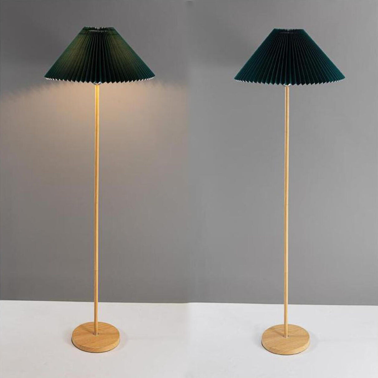 Natural Dark Green Pleated Cone Metal Floor Lamp Image - 13