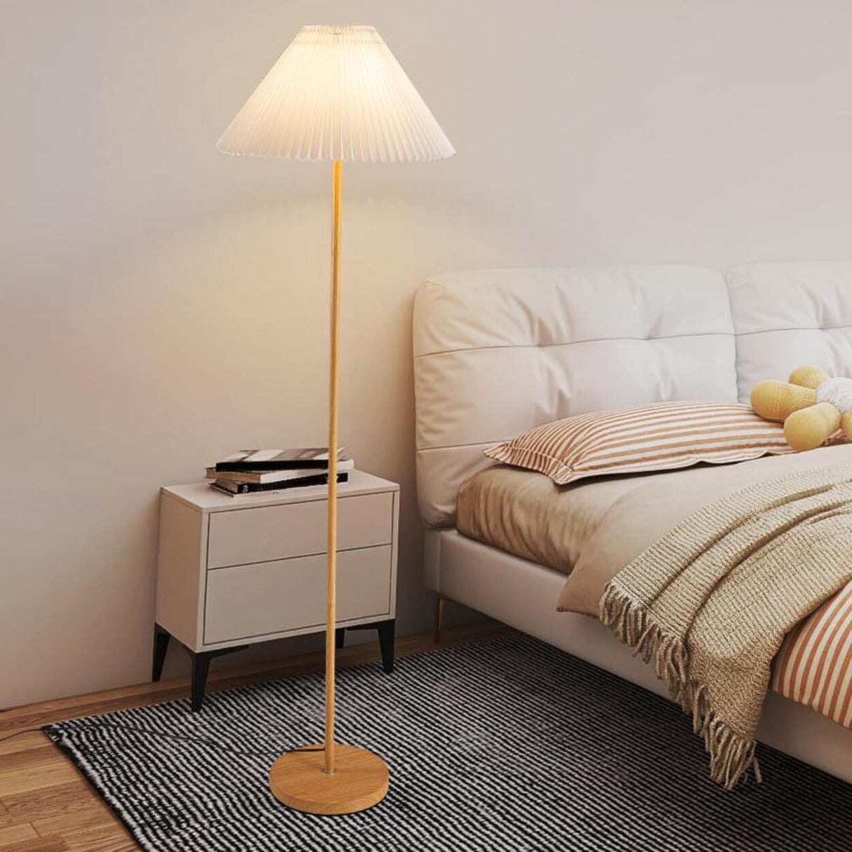 Natural Dark Green Pleated Cone Metal Floor Lamp Image - 4
