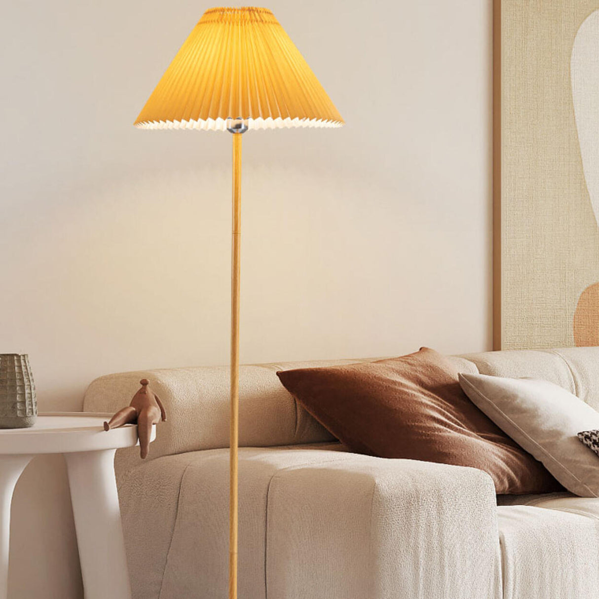 Natural Dark Green Pleated Cone Metal Floor Lamp Image - 7