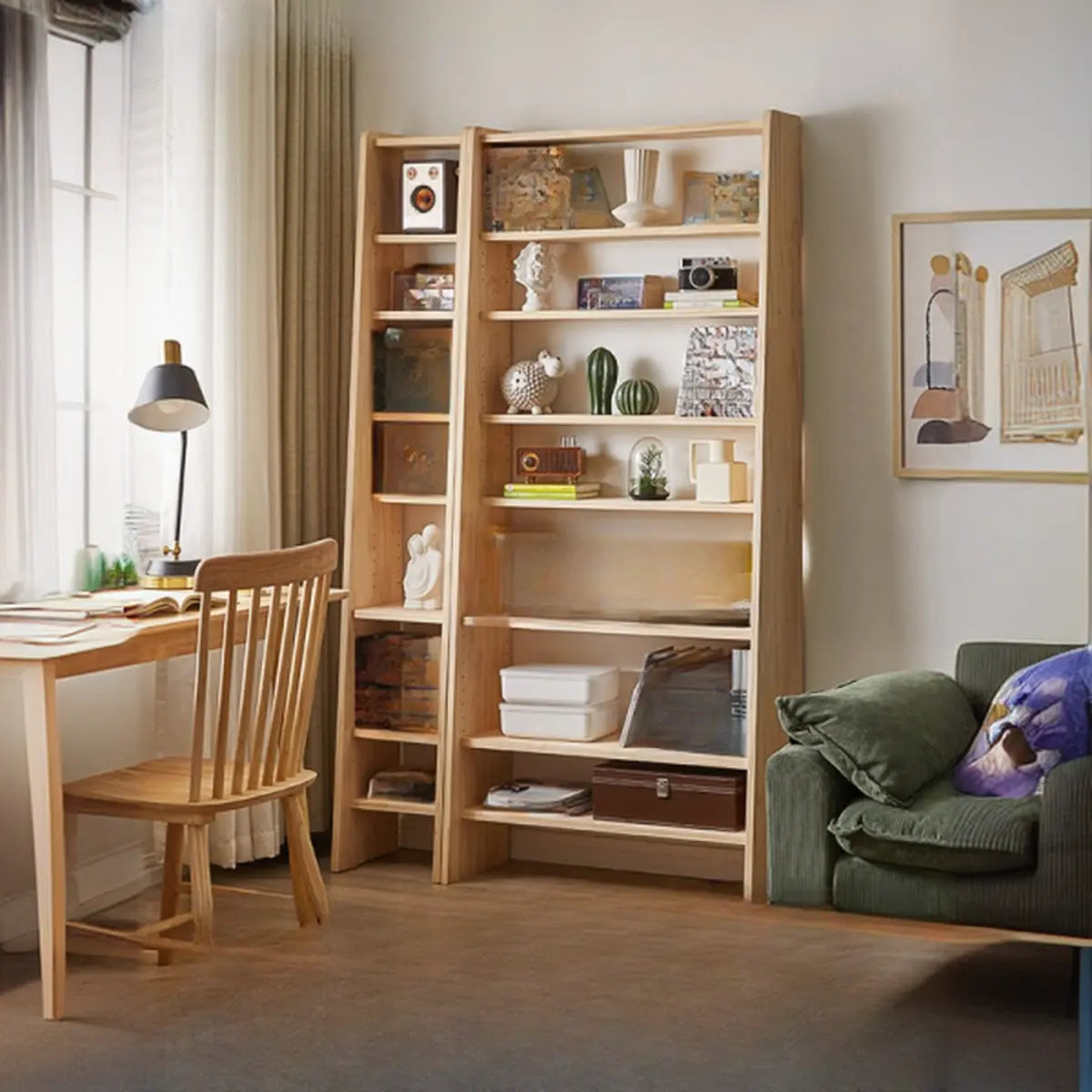 Natural Finish Casual Ladder Wooden Display Bookshelf Image - 1